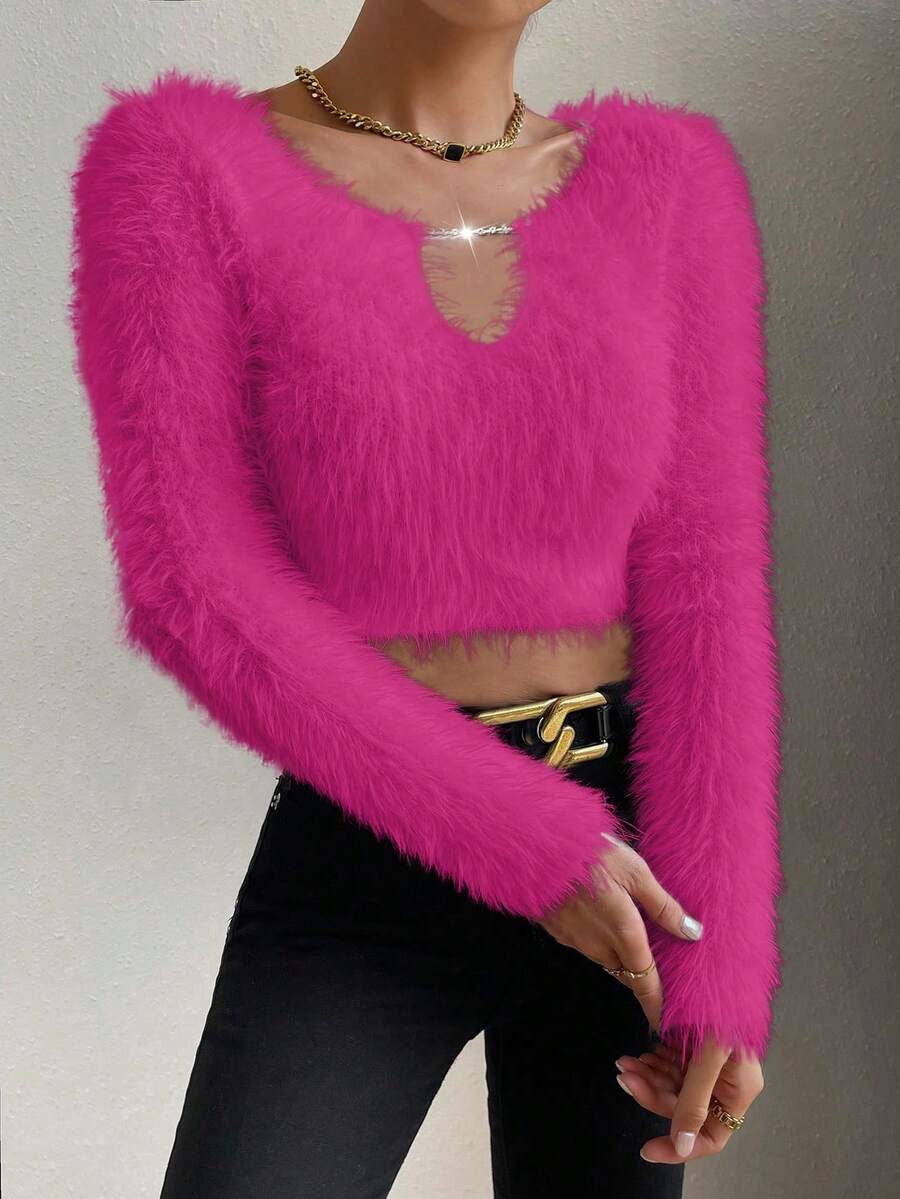 SHEIN Essnce Rhinestone Detail Fluffy Knit Crop Sweater - Hot Pink - View 1