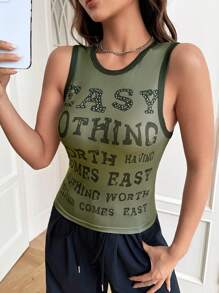 SHEIN EZwear Letter Graphic Contrast Binding Tank Top - Army Green - View 5