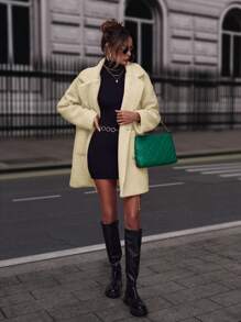 EURMUSE Turn-down Collar Teddy Coat With Double Pockets - Beige - View 4