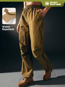 In My Nature Letter Graphic Detail Drawstring Waist Outdoor Pants - Black - View 1