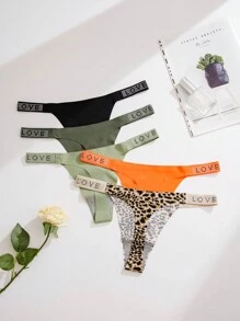 Shein Underwear&Sleepwear Basics Yoga 5pcs/Pack Women's Leopard Print & Letter And Rhinestone Decor Sexy G-String Underwear Sports