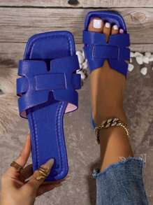 韓語風格休閒平底拖鞋適合女士,夏天露趾編織沙灘涼鞋,時尚法語女士的海灘鞋,波西米亞風格度假平底丁字褲,秋天新品到貨 - 藍色 - 查看 1