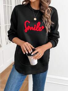 SHEIN Frenchy 字母貼布落肩袖運動衫 - 黑色 - 查看 5