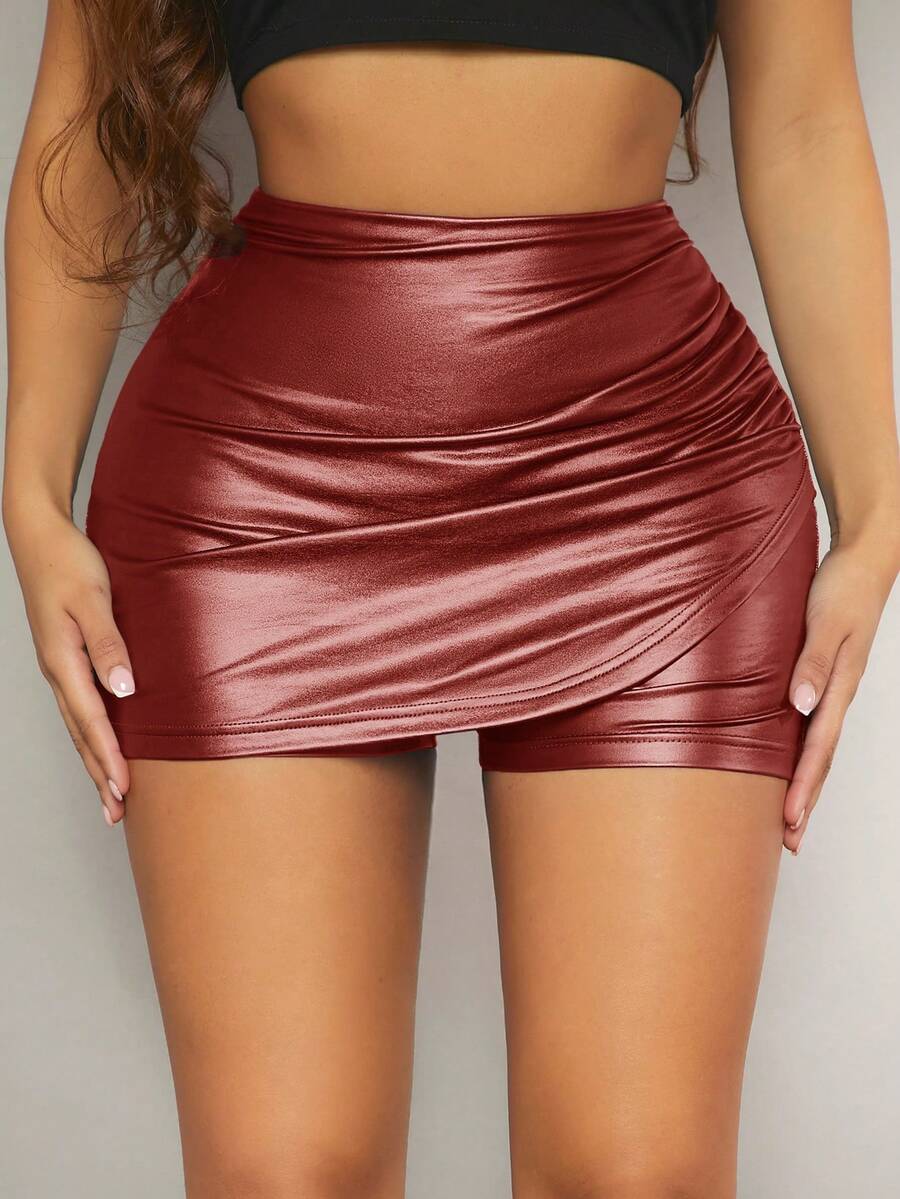 SHEIN SXY Của phụ nữ Da giả Skorts - Màu Đỏ Sâu - Xem 1