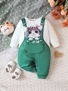 Baby Girl Cat Print 2 In 1 Jumpsuit - Green - View 1