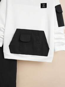 SHEIN 男童圓領長袖運動衫(附裝飾口袋)和慢跑褲套裝 - 黑與白 - 查看 4