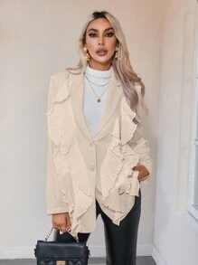 SHEIN Privé Nhọn Cổ áo tây Xù Hoa Sen Trang trí ren Bộ đồ Áo khoác - Màu Khaki - Xem 1