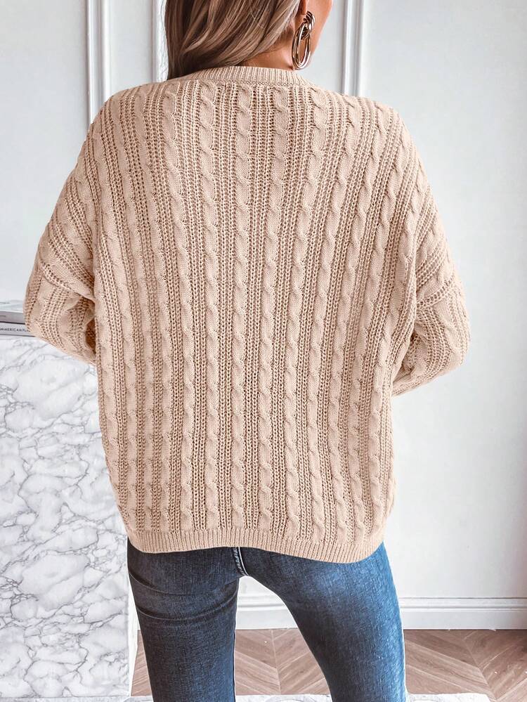 Cable Knit Drop Shoulder High Low Hem Knit Pullover Fall Winter Sweater