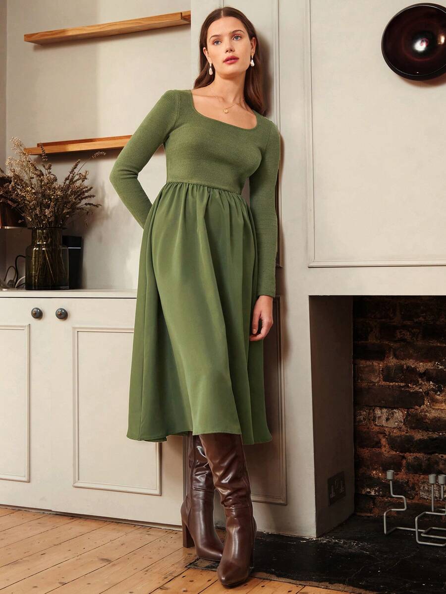 SHEIN Frenchy 女士純色飄逸襯領連身裙 - 軍綠色 - 查看 1