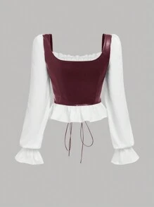 SHEIN Teen Girl Lace Up Front Ruffle Hem PU Leather Blouse - Burgundy - View 2