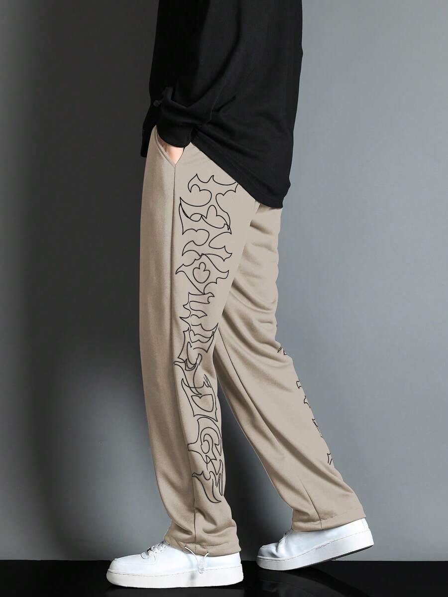 Manfinity Homme 男士字母印花直筒運動長褲 - 杏色 - 查看 1