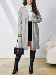 SHEIN Essnce Talla grande Abrigo con parte delantera abierta tejido de canalé - Gris - Ver 1