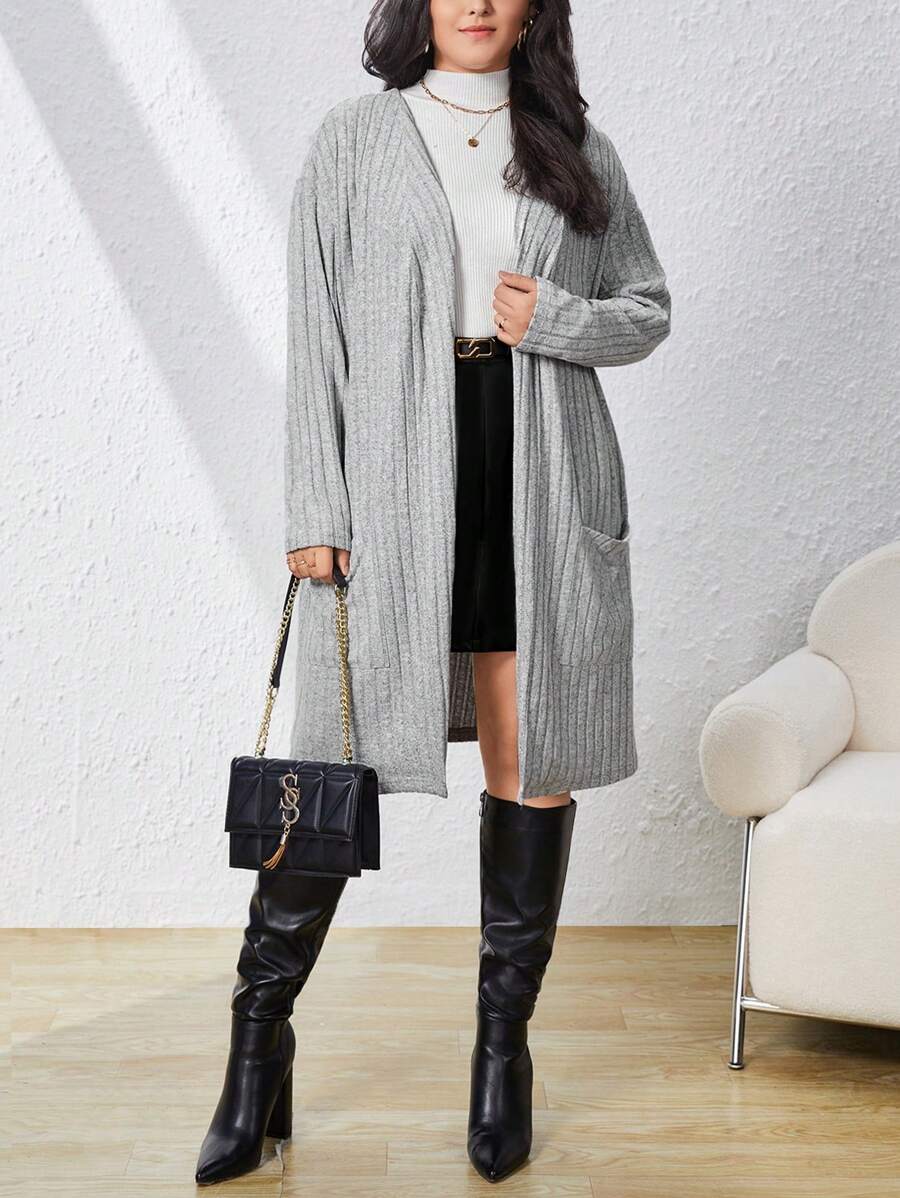 SHEIN Essnce Talla grande Abrigo con parte delantera abierta tejido de canalé - Gris - Ver 1
