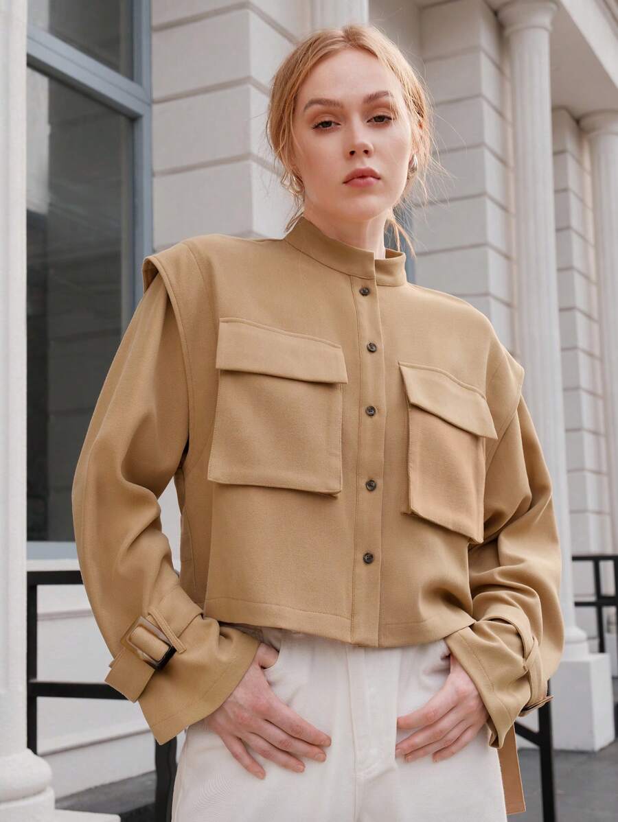 Anewsta Túi có nắp Khóa Cổ tay áo Mặt trước Áo khoác - Lạc đà - Xem 1