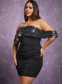 Hauture Plus Off Shoulder Sequin Ruched Dress - Black - View 4
