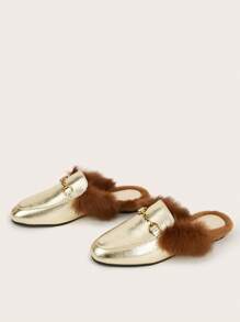 Của phụ nữ Đáy phẳng Lông Dép xăng đan - Vàng - Xem 2