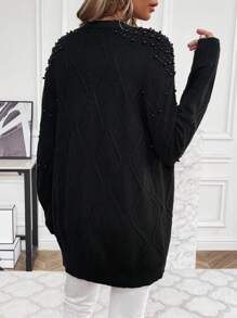 SHEIN Essnce 珍珠串珠開襟開衫 - 黑色 - 查看 3