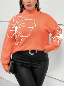 SHEIN Privé 大尺碼花卉圖案下落肩毛衣 - 橘色 - 查看 4