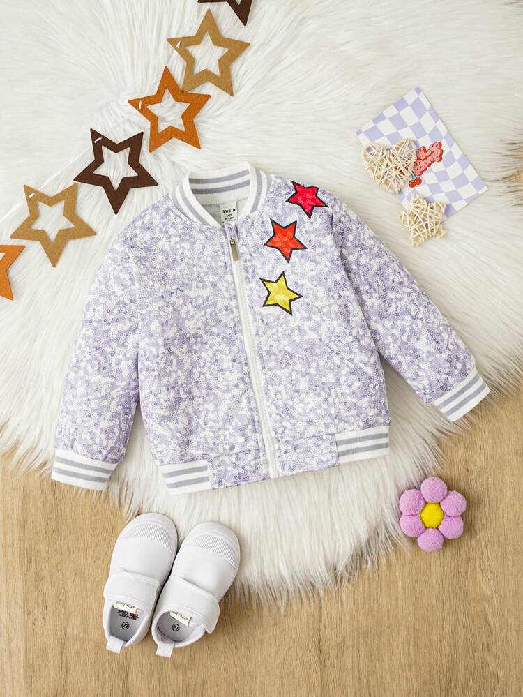 Baby Girl Star & Sequin Print Striped Trim Varsity Jacket