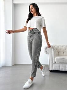 EURMUSE Women's Tapered Jeans With Slanted Pockets - Grey - View 3