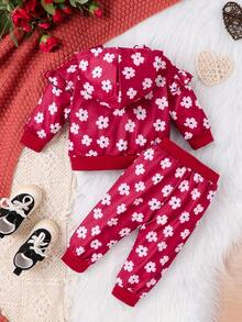 嬰兒女孩花卉印花荷葉邊連帽夾克和運動褲 - 酒紅色 - 查看 2