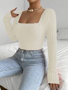 Chiquease 方領珍珠鑲嵌百搭針織毛衣 - 米色 - 查看 4