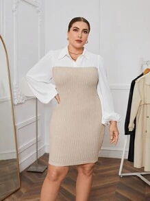 SHEIN Essnce Plus Two Tone Lantern Sleeve 2 In 1 Bodycon Dress - Khaki - View 3