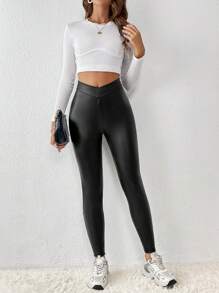 SHEIN Frenchy Quần tất nữ Bất đối xứng Trọn gói màu trơn Giải trí - màu đen - Xem 3