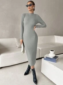 SHEIN Privé 削空骨織露背修身連身裙 - 灰色 - 查看 5