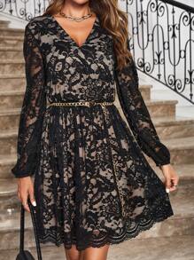 SHEIN Clasi Tay áo lồng đèn Ren Đầm Không có thắt lưng - màu đen - Xem 4