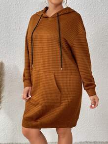 SHEIN Franclia Plus Kangaroo Pocket Drop Shoulder Drawstring Hooded Sweatshirt Dress - Coffee Brown - View 4