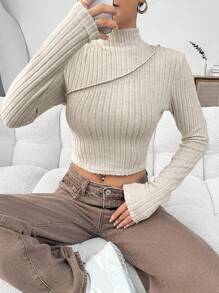 SHEIN EZwear 凸凹羅紋立領長袖t卹 - 米色 - 查看 1