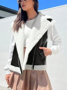 SHEIN EZwear Lông Không tay Dây kéo Áo khoác Với Bộ đồ Vòng cổ - màu đen - Xem 4