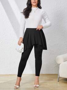 SHEIN Privé 大碼高腰荷葉邊二合一緊身打底褲 - 黑色 - 查看 3