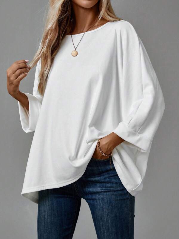 Rosumi Plus Size Women's Loose Fit 3/4 Sleeve All White T-Shirt, Autumn/Winter,Winter Clothes For Women,Going Out Outfits,Fall Clothes For Women,Fall Outfits,2025 New Clothes,Casual Everyday Wear