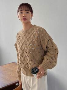 FRIFUL Women'S Hollow Out Knit Drop Shoulder Sweater,Fall Women Clothes - Khaki - View 8