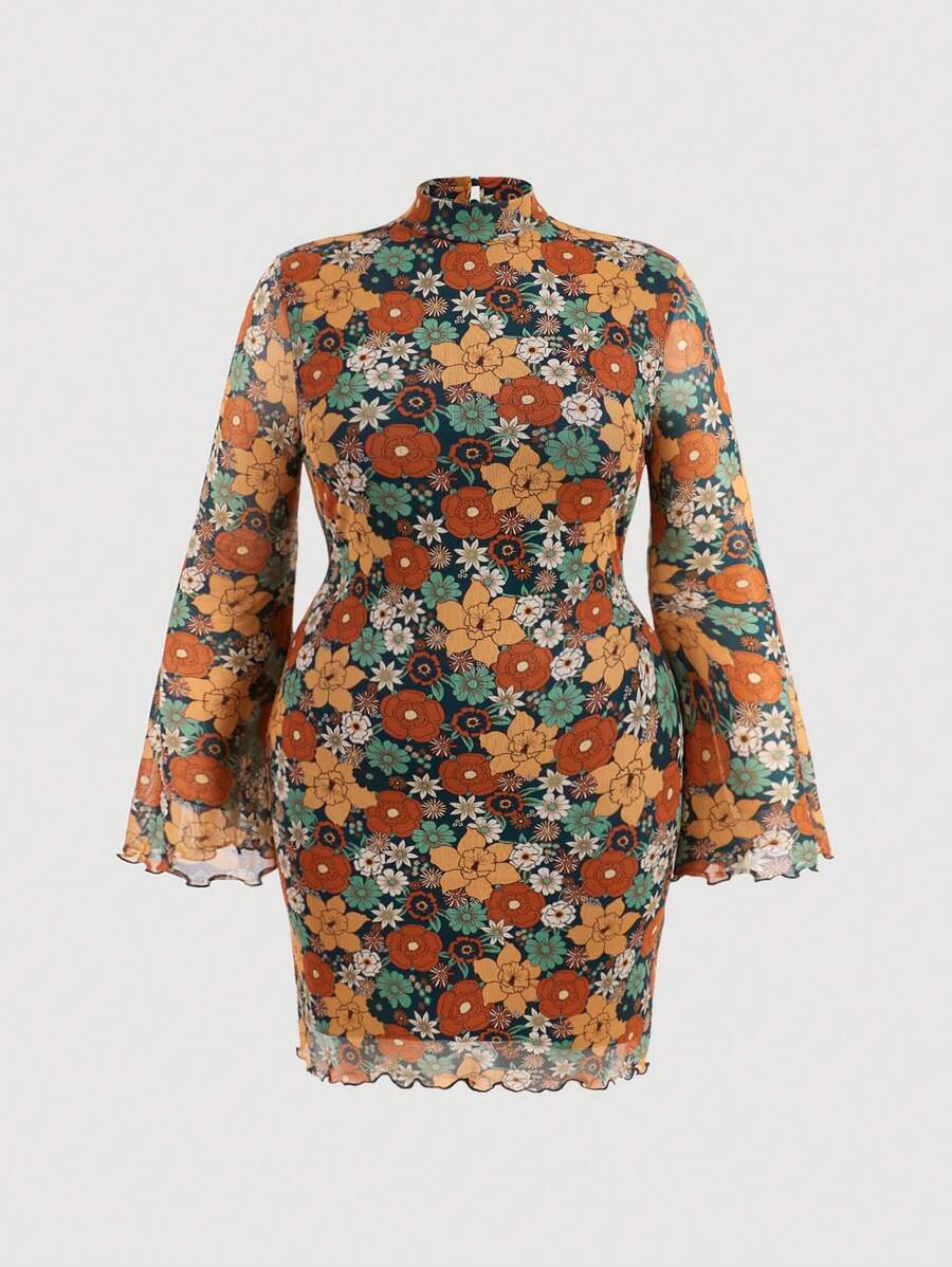 SHEIN MOD 大碼印花小高領喇叭袖木耳邊洋裝 - 綠色 - 查看 1