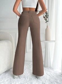 Cottnline Solid Flare Leg Jeans - Brown - View 2