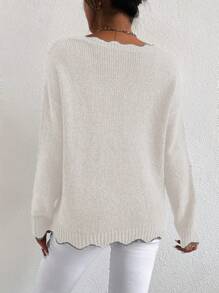 SHEIN Essnce Scallop Trim Drop Shoulder Sweater - White - View 2