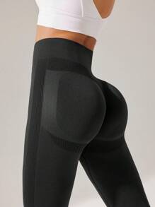 SHEIN Sports 純色運動打底褲 - 黑色 - 查看 6