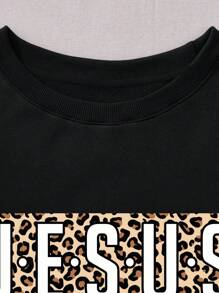 INAWLY Plus Leopard & Slogan Graphic Thermal Lined Sweatshirt, For Winter Pullover Fall Autumn - Black - View 3