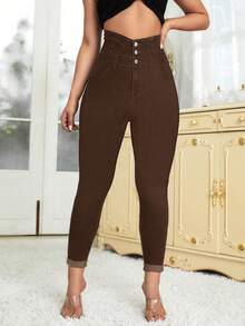 High Waist Skinny Jeans - Brown - View 5