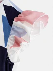 SHEIN Chicas Blusa con estampado geométrico ribete con fruncido con cinturón - Multicolor - Ver 3