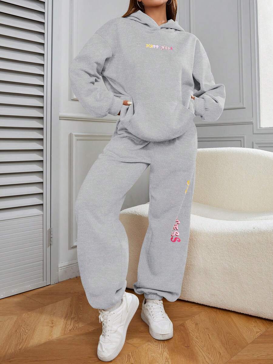 2pcs Letter Print Casual Sweatshirt Set - Grey - View 1