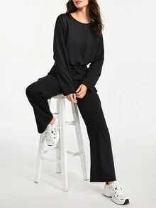 Daily&Casual 素色抽繩運動2件套套裝 - 黑色 - 查看 6