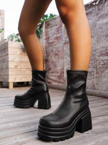 2025 年秋冬女式休闲一脚蹬高跟厚底时尚靴，搭配秋季服装、连帽衫、弹力 PU 皮革中筒黑色靴子 - 黑色 - 查看 3