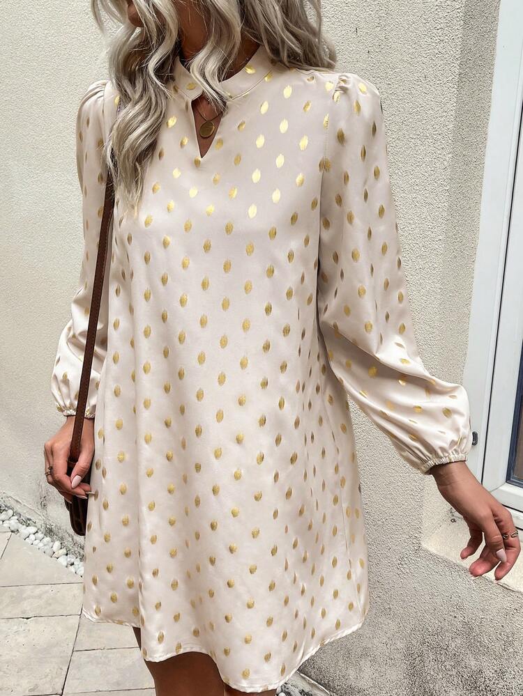 Women's Polka Dot Puff Sleeve Dress With Foil Print