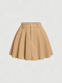 SHEIN MOD Chất rắn Chân Váy xếp ly - Màu Khaki - Xem 1
