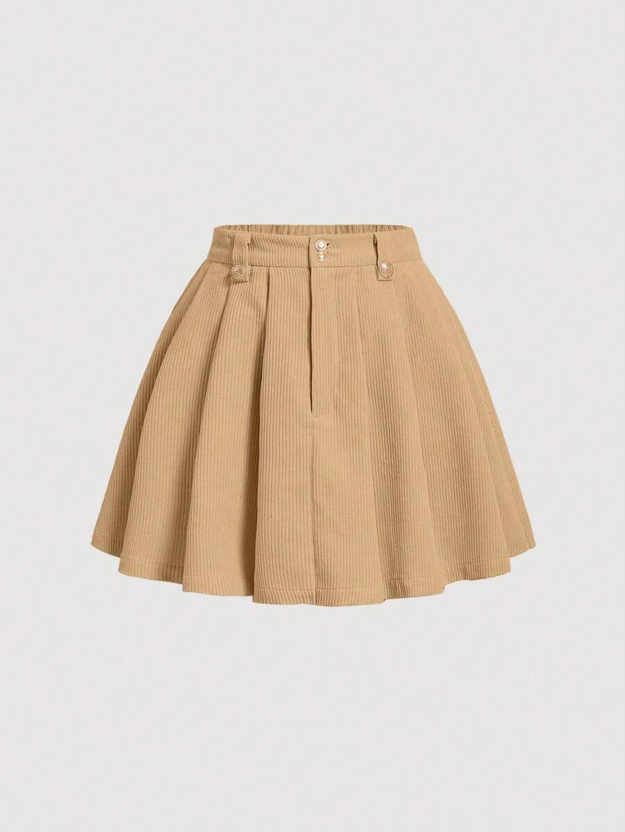 SHEIN MOD Chất rắn Chân Váy xếp ly - Màu Khaki - Xem 1