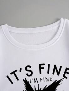 SHEIN EZwear 卡通及標語圖案保暖連帽衫,適用於大尺寸 - 白色 - 查看 7